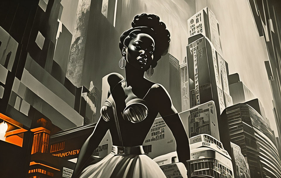 Monochrome cityscape illustration of a confident woman with updo hairstyle