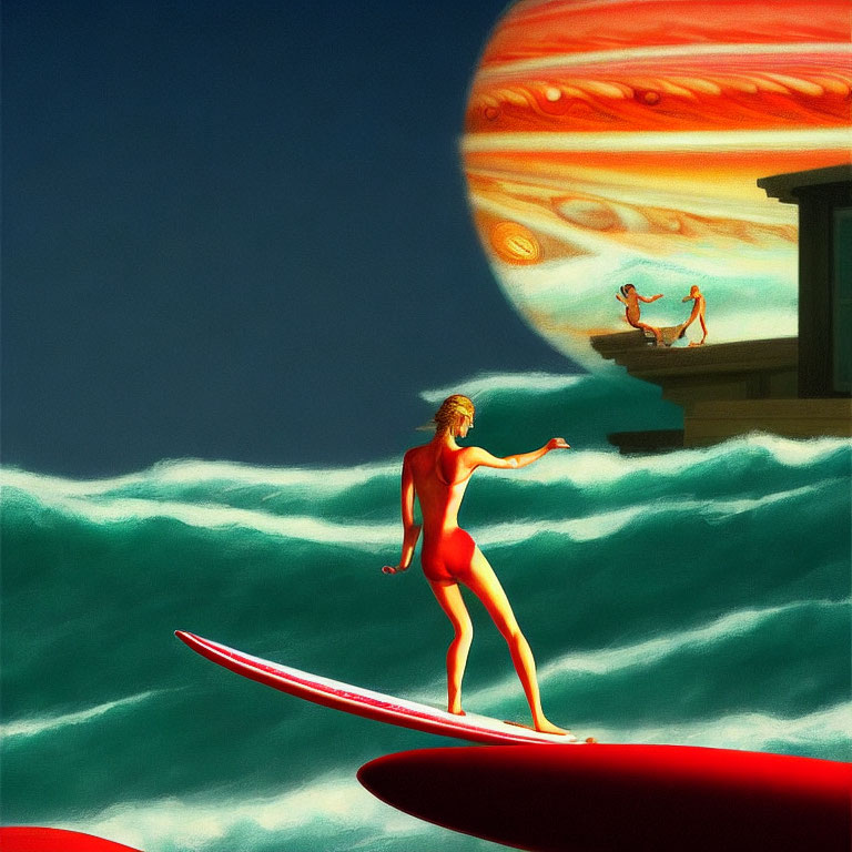 Surfer riding waves with giant Jupiter and distant figures in surreal scene