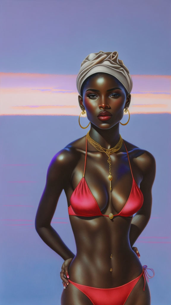 Digital Artwork: Woman in Red Bikini with Gold Accents and White Headwrap against Sunset