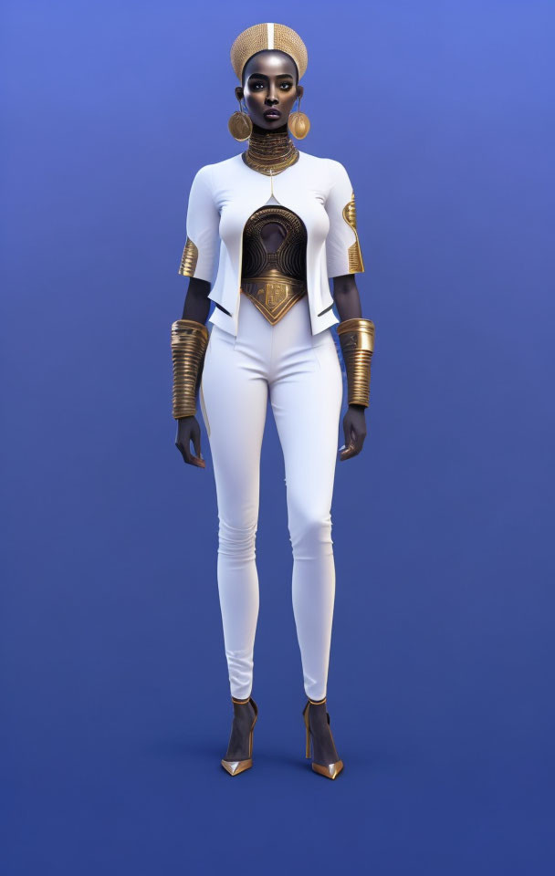 Futuristic woman in white-and-gold attire on blue background