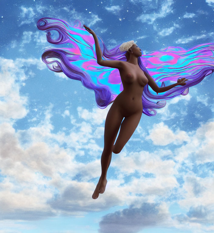 Ethereal figure with violet and blue hair floating in the sky