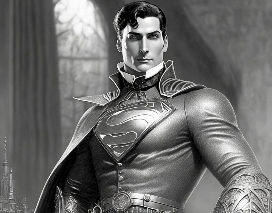 Monochrome superhero illustration with 'S' logo, cape, and confident look