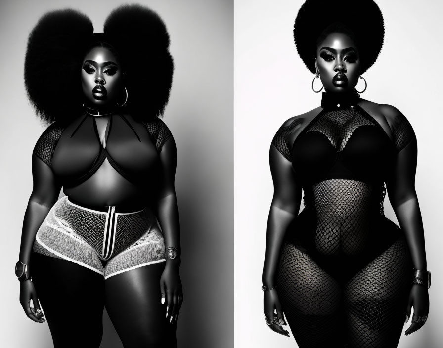 Black and white photos: Woman with voluminous hair in bold fashion poses confidently