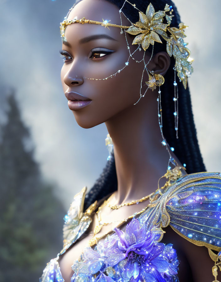 Dark-skinned figure adorned in gold and blue butterfly-like shoulder piece.