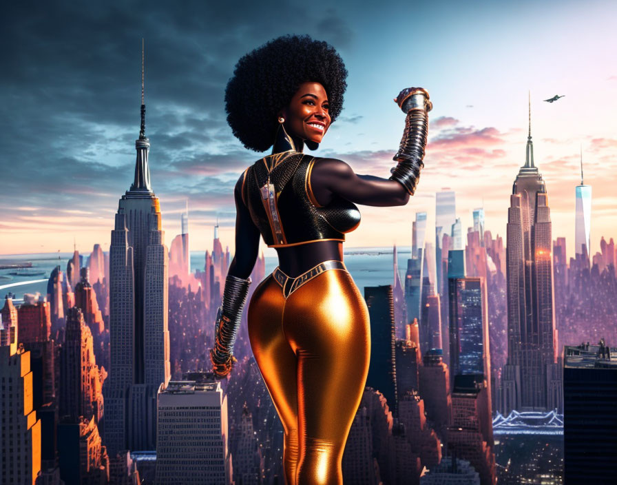 Confident woman with afro hairstyle in futuristic black and gold costume against city skyline at sunset