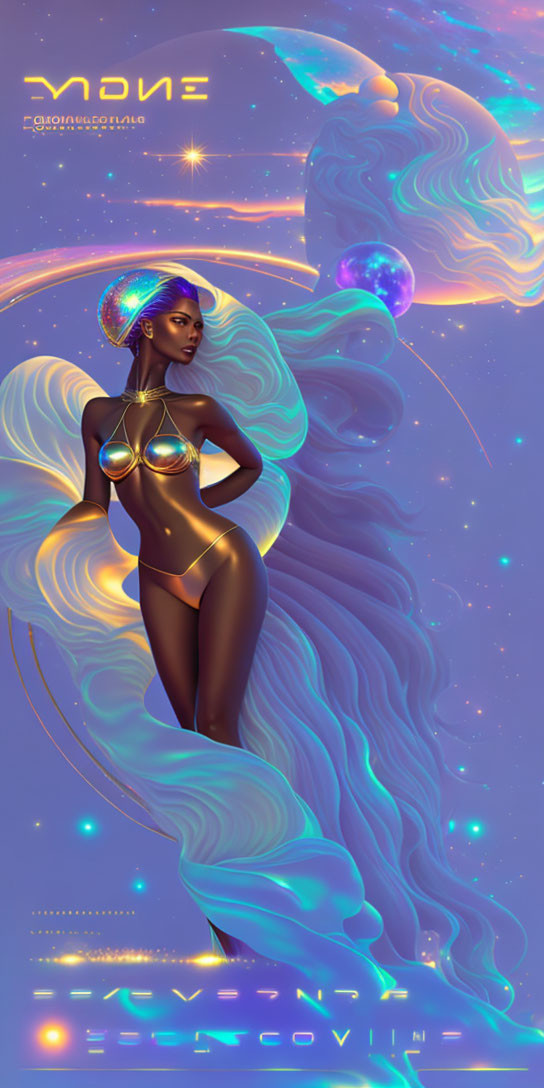 Futuristic female figure in metallic gold attire in cosmic setting