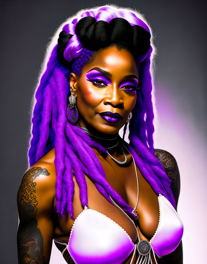 Vibrant purple hair and makeup woman illustration with tattoos and silver jewelry