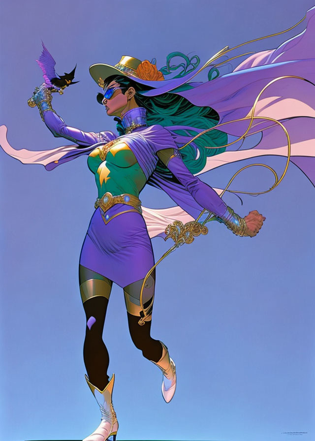 Superheroine in Green and Purple Costume with Bird Release