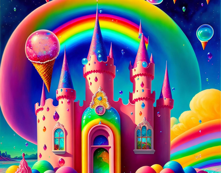 Fantasy castle with ice cream cone towers under rainbow and pastel sky