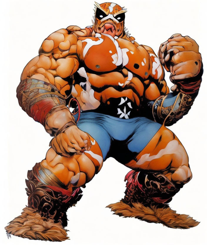 Muscular animated character in tiger mask with blue pants and wraps