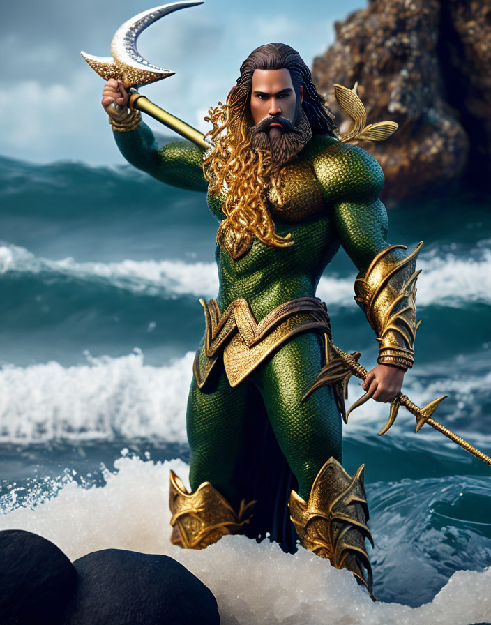 Detailed Aquaman illustration in dynamic pose with trident, ocean waves, and rocks.