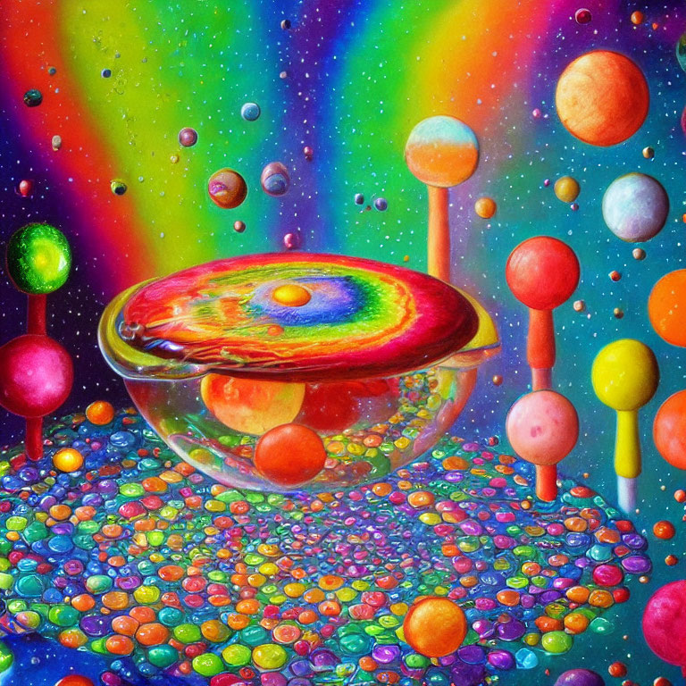 Vibrant cosmic scene with marbles, lollipops, planets, and soap bubble