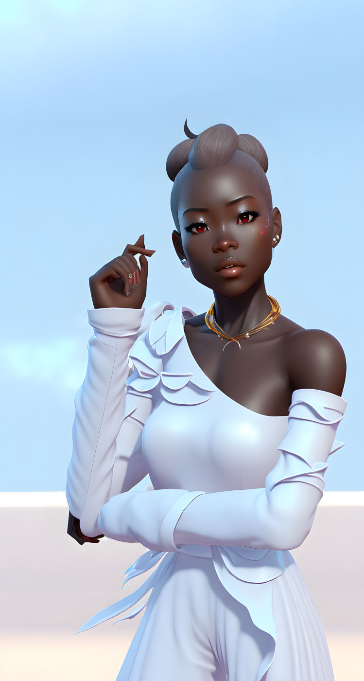 Digital artwork: Dark-skinned woman in futuristic white outfit with gold jewelry on light blue backdrop