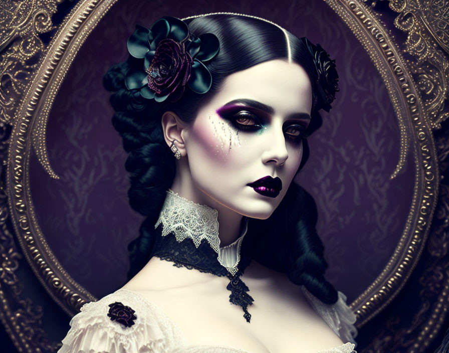 Gothic woman in Victorian dress with dark makeup and ornate frame