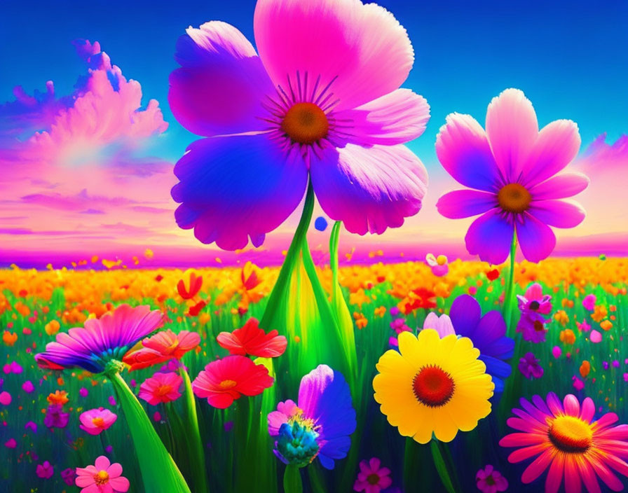 Colorful Field with Oversized Flowers Under Blue Sky