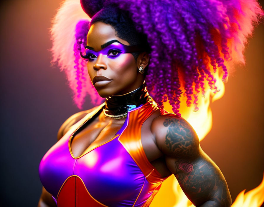 Confident individual with purple hair and colorful outfit against fiery backdrop poses with arm tattoos and bold makeup