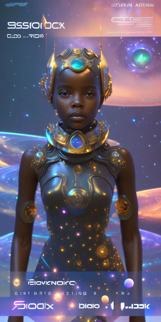 Futuristic female android in gold and black armor with blue glowing eyes against cosmic backdrop