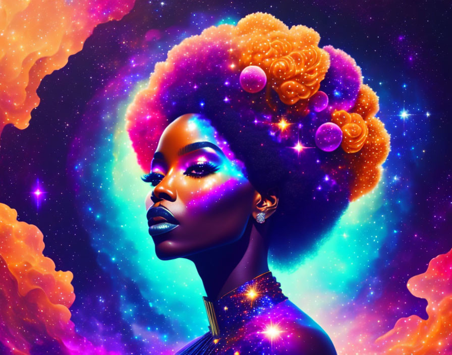 Colorful digital artwork of woman with galaxy-filled afro in cosmic setting.