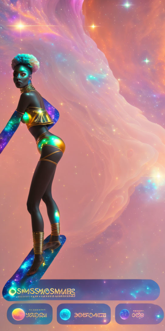 Blue-skinned woman in gold attire hoverboarding in cosmic space