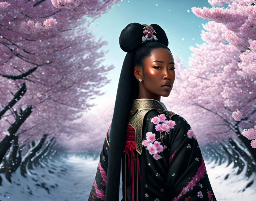 Traditional Japanese Attire Woman with Cherry Blossoms Artwork