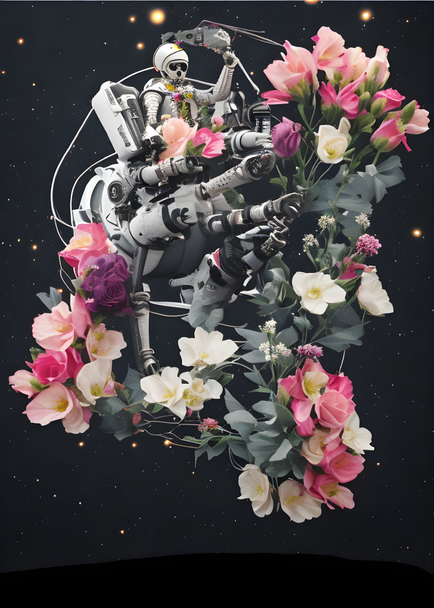 Astronaut holding vibrant flowers in deep space