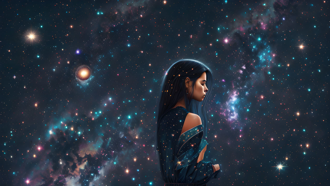 Woman in Celestial Attire with Starry Space Background