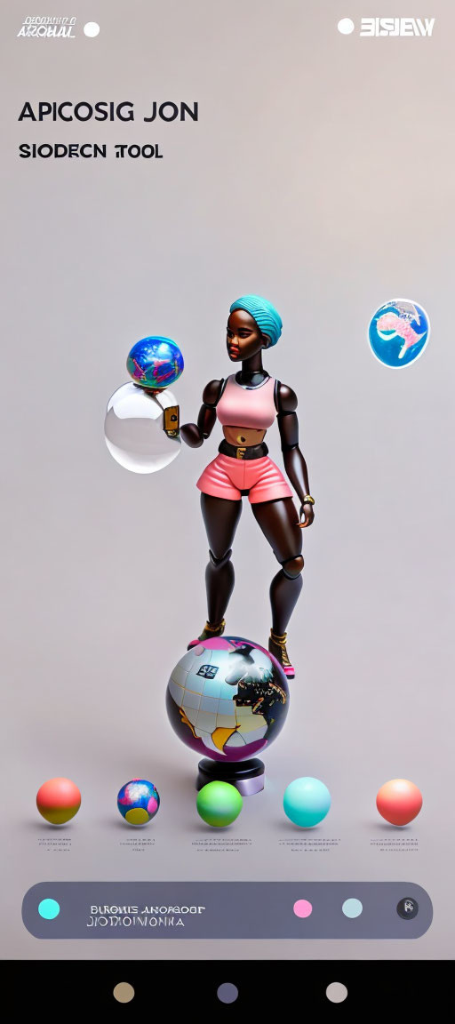 Digital artwork: Female character in blue headscarf on globe with colorful spheres