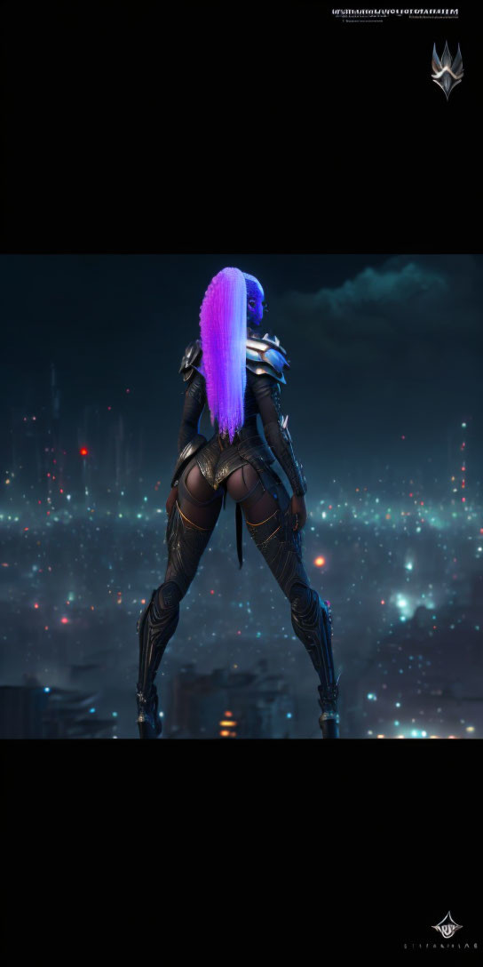 Futuristic character with purple hair in black bodysuit above neon cityscape