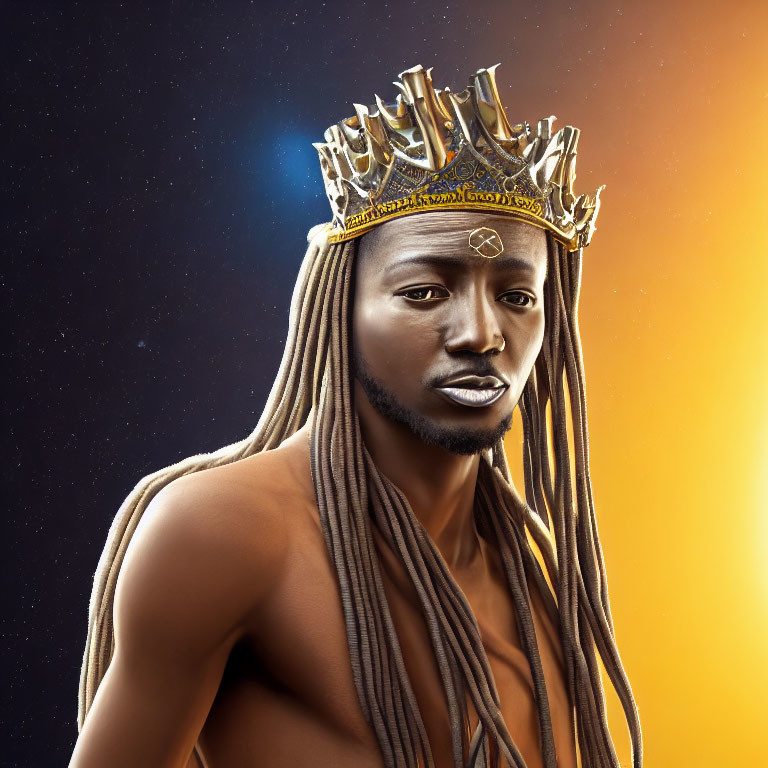 Person with Long Braids Wearing Crown in Starry Night and Golden Glow