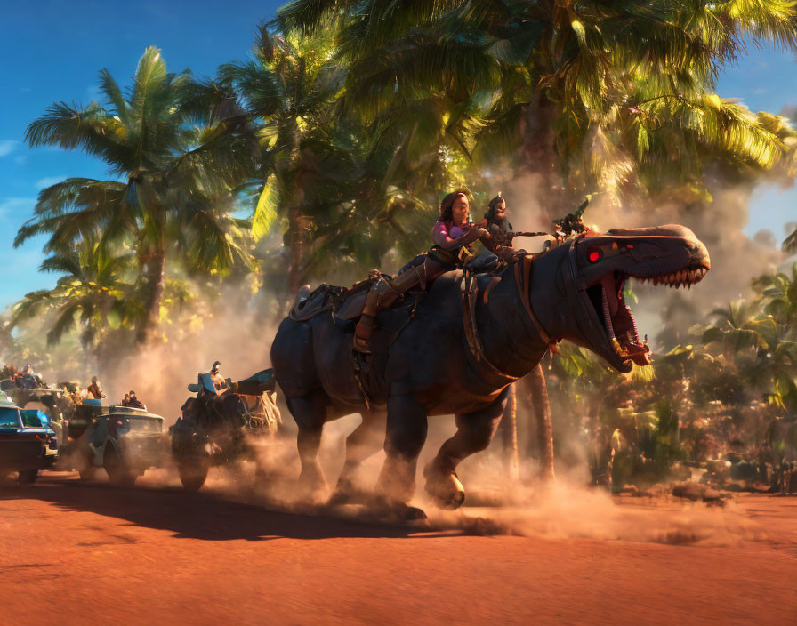 Person riding dinosaur chased by vehicles in tropical setting with dust trail.