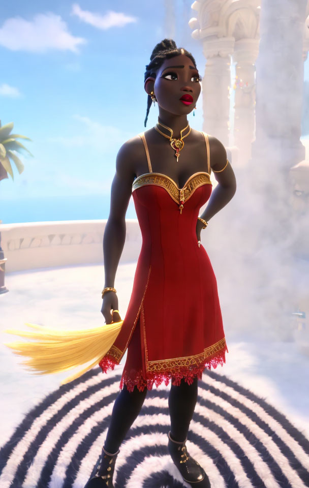 Dark-skinned animated character in red dress with gold trim and accessories, black boots, in heavenly setting