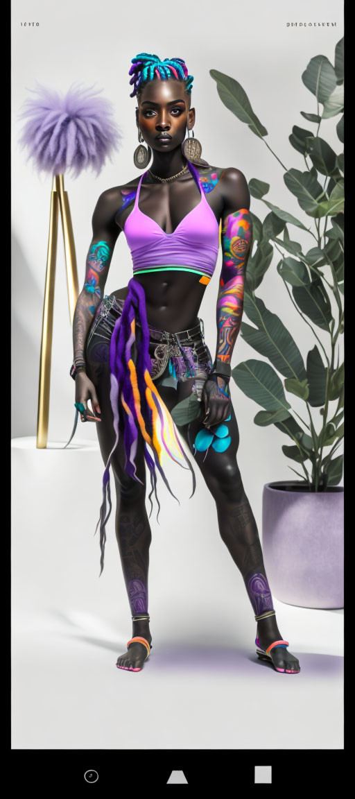 Vibrant digital artwork of woman with colorful tattoos and dreadlocks