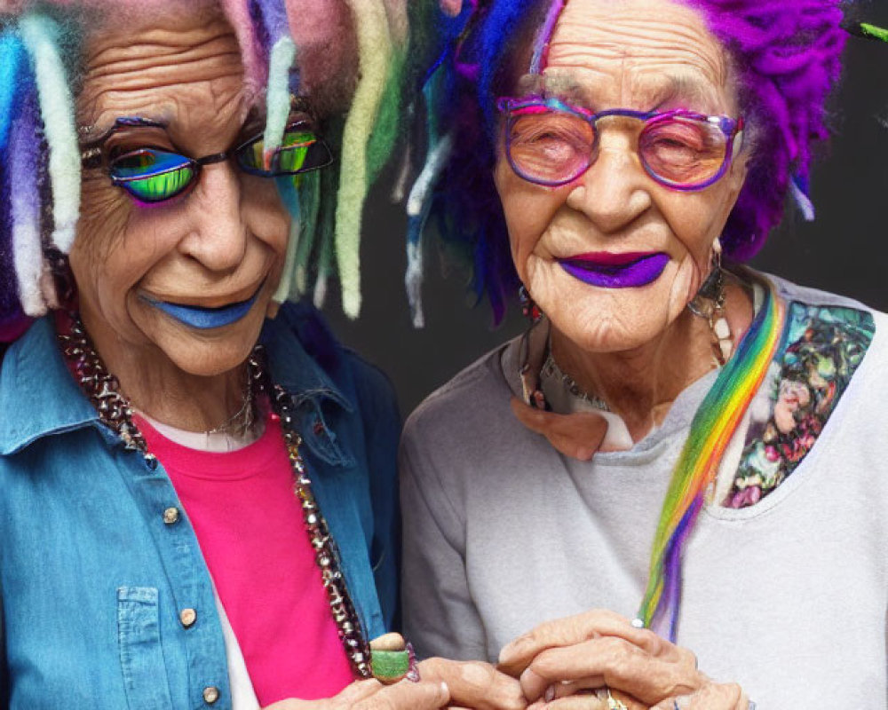 Elderly Couple with Rainbow Hair Smiling and Holding Hands