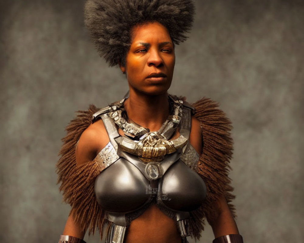 Solemn woman in futuristic armor with afro and metal details