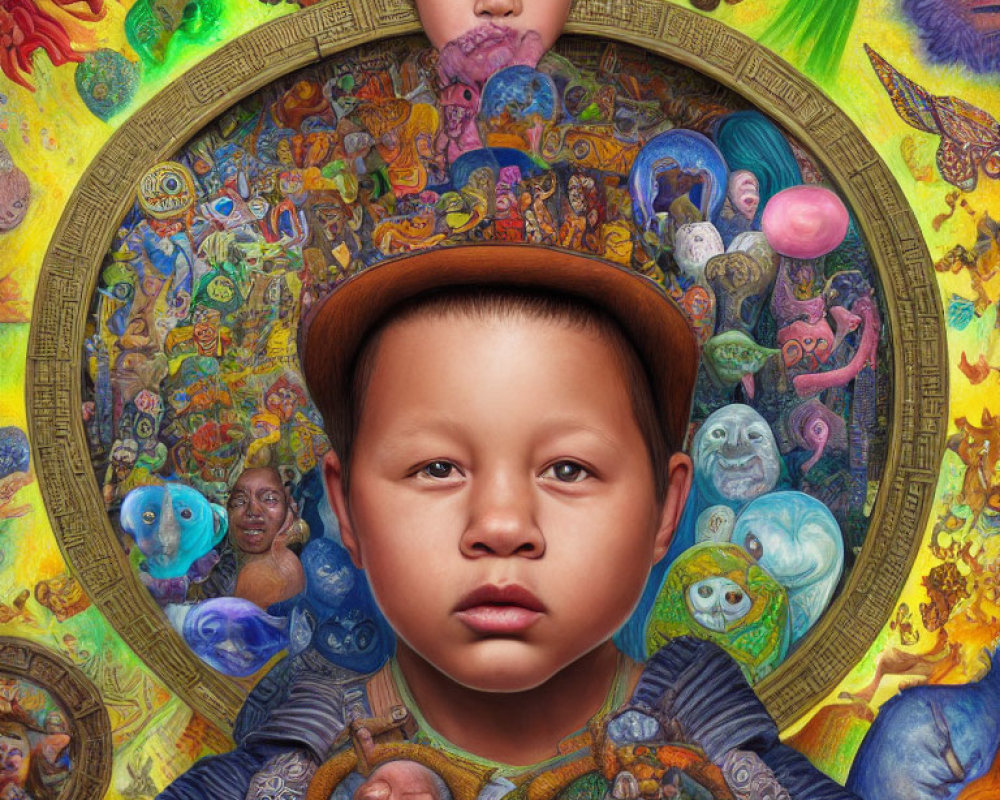 Colorful Artwork: Child's Face Surrounded by Fantastical Creatures