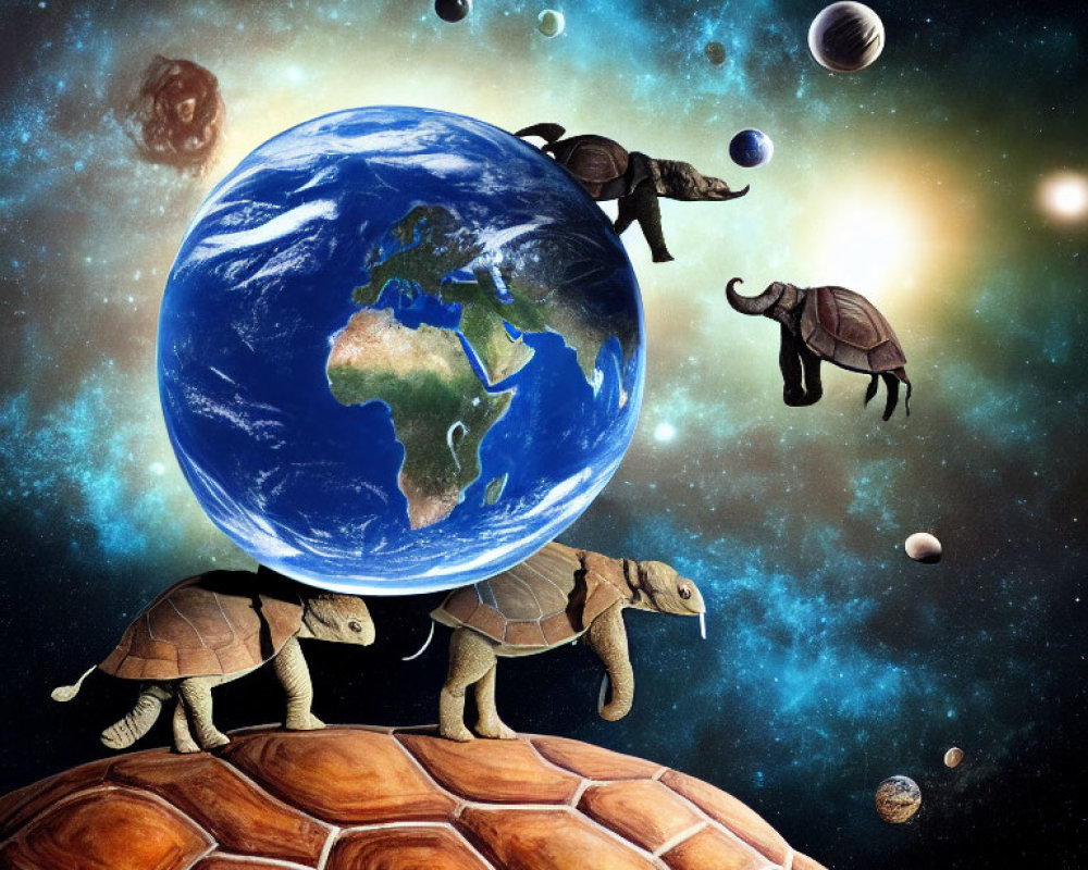 Stacked turtles with Earth on top in surreal cosmic scene