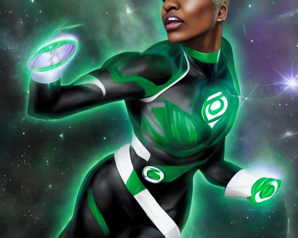 Female Green Lantern superhero flying through space with power rings in comic-style illustration