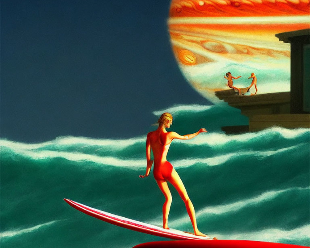 Surfer riding waves with giant Jupiter and distant figures in surreal scene