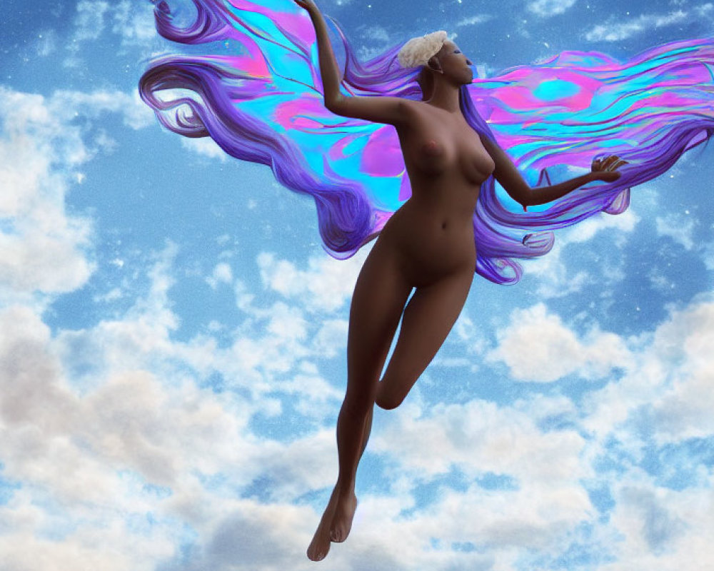 Ethereal figure with violet and blue hair floating in the sky