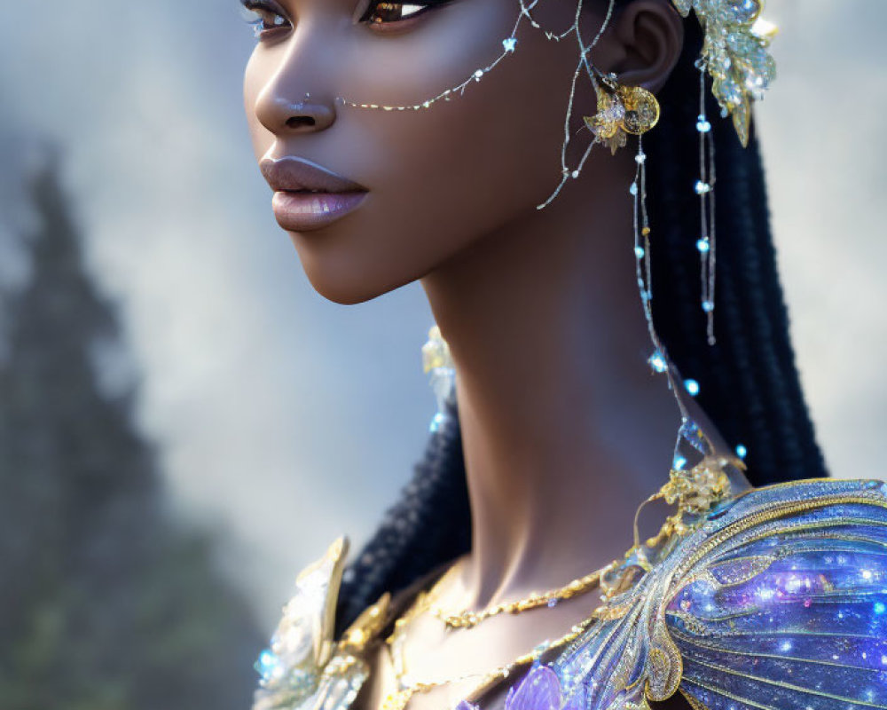 Dark-skinned figure adorned in gold and blue butterfly-like shoulder piece.