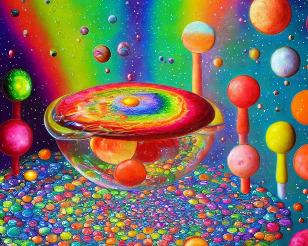 Vibrant cosmic scene with marbles, lollipops, planets, and soap bubble