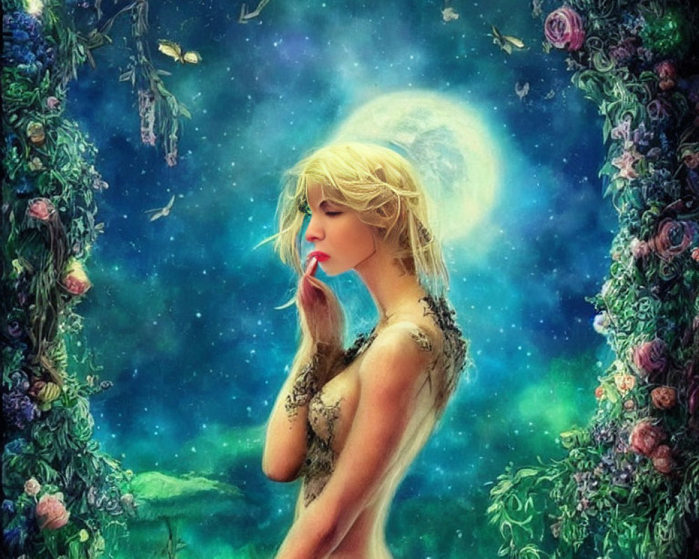 Blonde woman in mystical forest with moon and stars