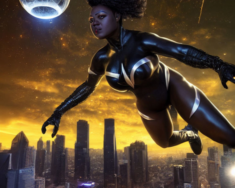 Superheroine with afro flying over cityscape at dusk with damaged moon & fiery meteors