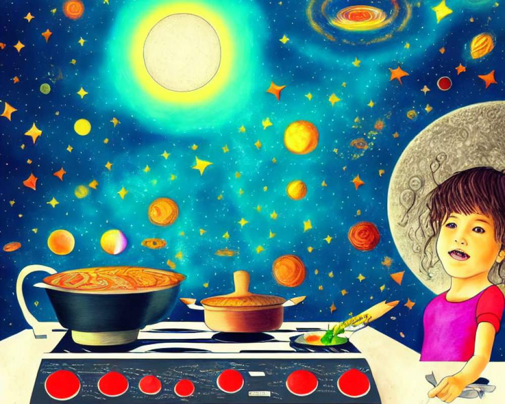 Child cooking on stove with celestial bodies above