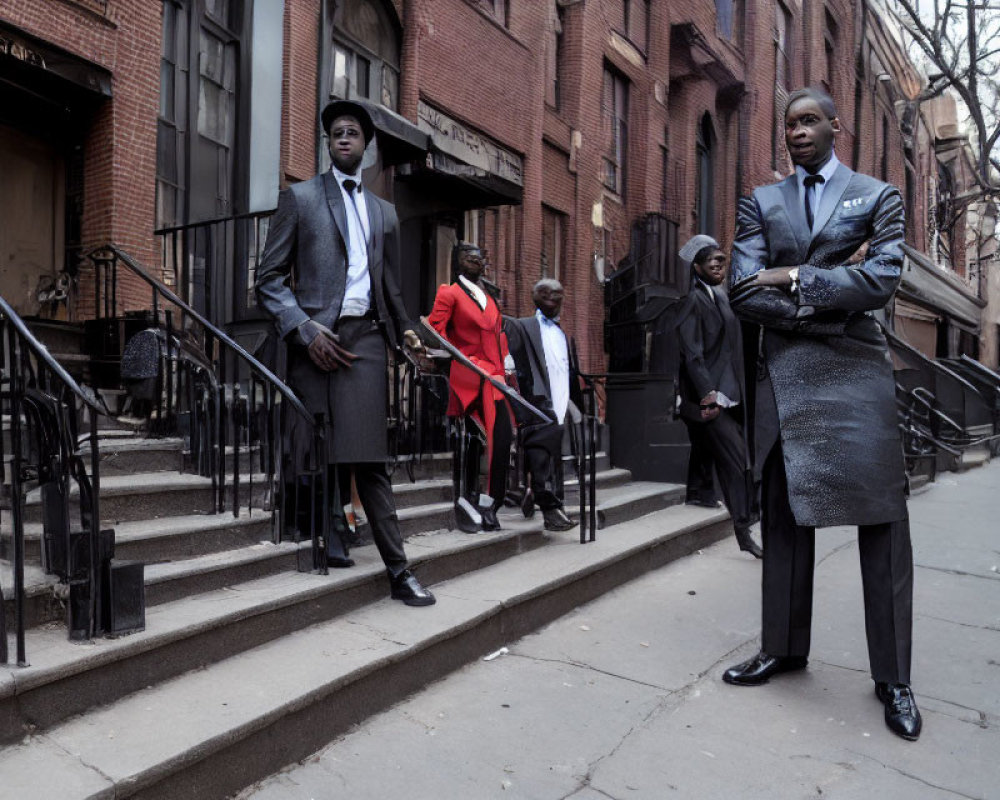 Stylish well-dressed group on city street with focus on man