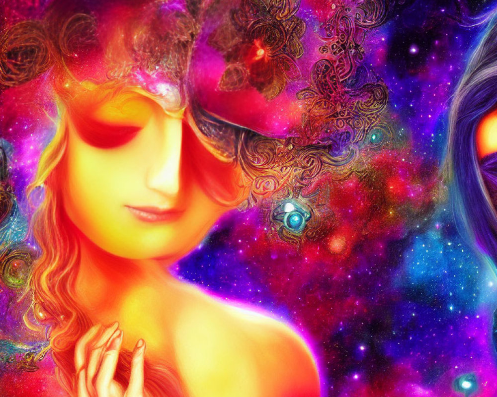 Vivid, colorful artwork of two ethereal faces with cosmic background