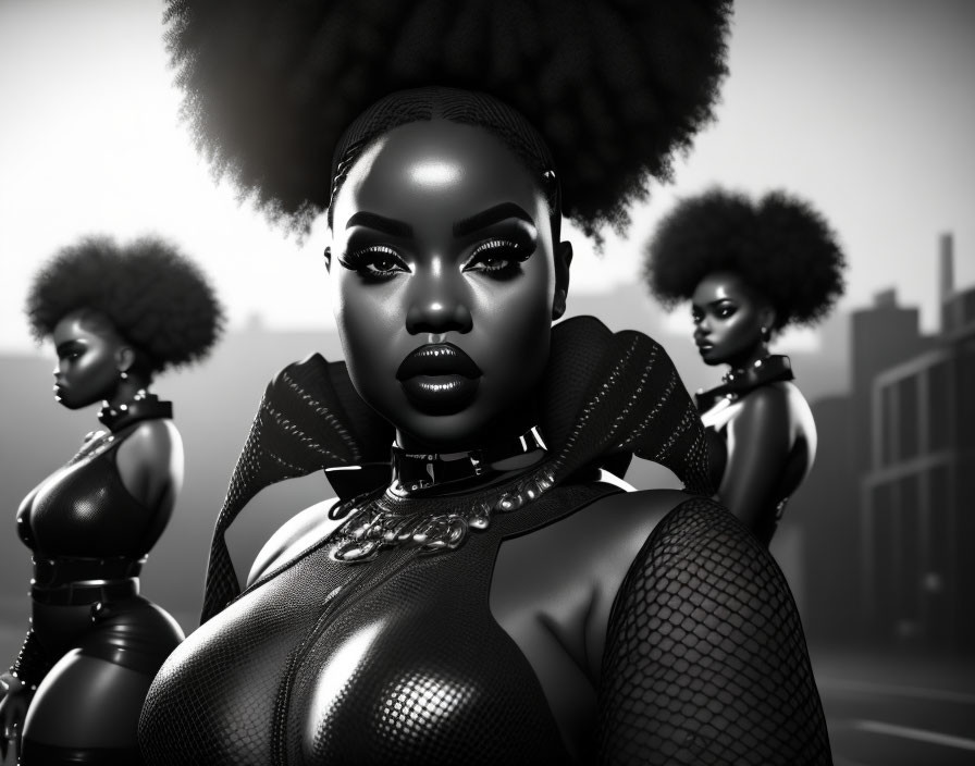 Stylized women with afros in futuristic outfits in urban setting