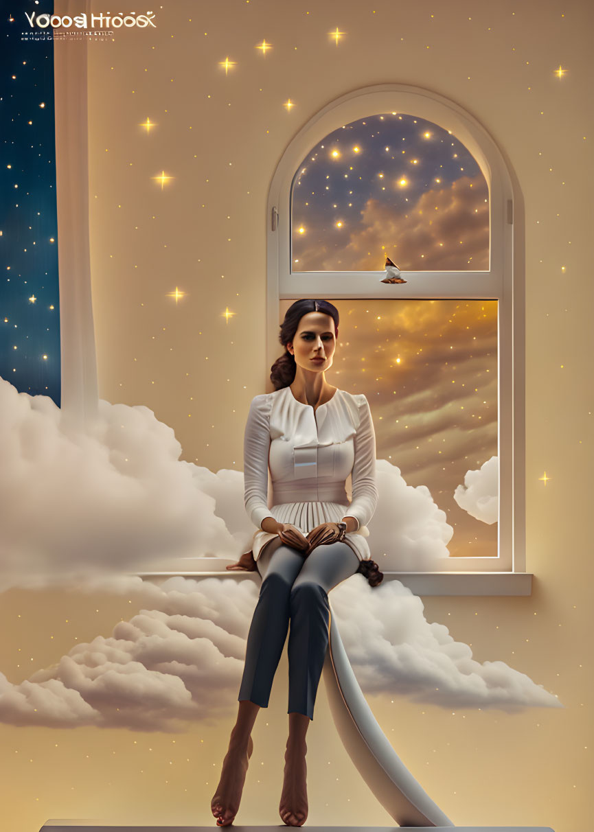 Woman sitting on window sill overlooking surreal clouds and stars with sliding board.