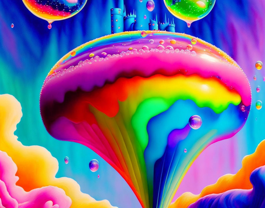 Colorful psychedelic mushroom illustration with rainbow gradient and water droplets