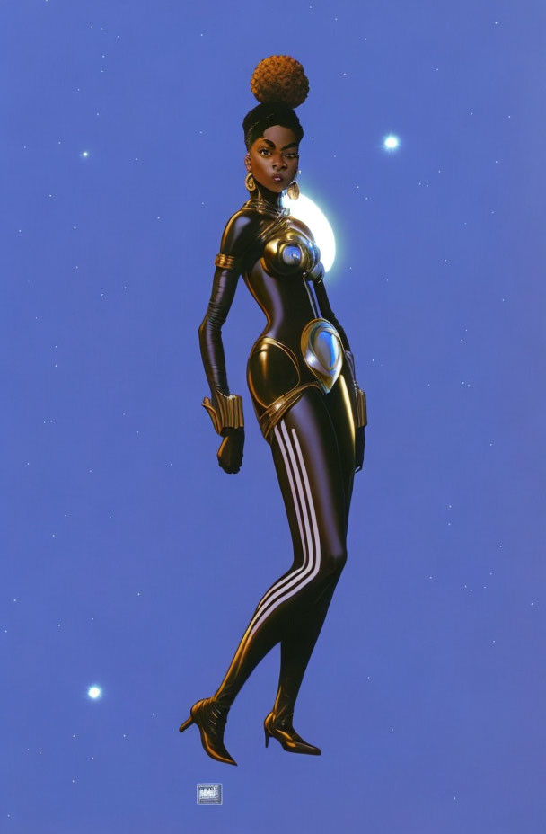 Futuristic woman in black suit against starry night sky